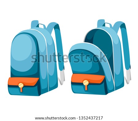 Colorful opened and closed school bags. Empty rucksack. Backpack with zippers. Cartoon design. Flat vector illustration isolated on white background.