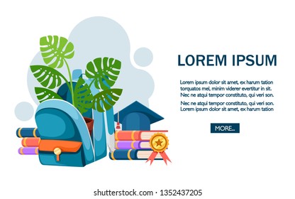 Colorful opened school bag with flower pot. Backpack with zippers. Cartoon design. Flat vector illustration on white background. Education concept, place for text, blue button.
