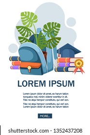 Colorful opened school bag with flower pot. Backpack with zippers. Cartoon design. Flat vector illustration on white background. Education concept, place for text, blue button.