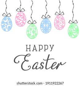 Colorful openwork Easter eggs hanging on a string with beads. Happy Easter hand-drawn lettering. Vector design template for holiday greeting card, banner, poster, flyer, invitation and festive design