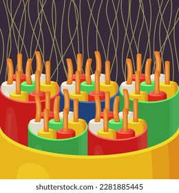 Colorful optical fiber cables flat vector illustration. Cartoon drawing of wires or optical fiber. Technology, connection, network or Internet concept