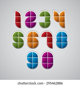 Colorful optical geometric sectored numbers with white outline.