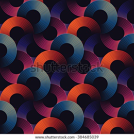 Colorful optical illusion, seamless pattern of metallic linear rings. Vector geometric background design. Simple to edit, without gradient.
