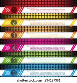 Colorful Options Template with Abstract Dots Vector Background. Business Infographics, Modern Design Template, 6 Options Vector Illustration.