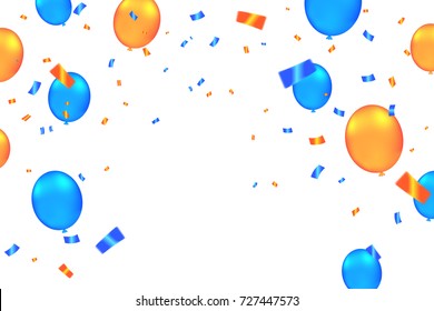 Colorful Orange And BLue Confetti With Balloon Isolated On White Background. Celebration & Birthday Party. Vector Illustration