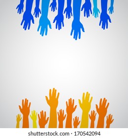 Colorful orange and blue up hands, vector illustration