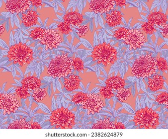 Colorful orange flowers and branches leaves seamless pattern. Vector hand drawn. Abstract, artistic, creative tropical floral print. Template for design, textile, fashion, surface design, fabric