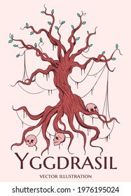 colorful orange and green illustration of Yggdrasil world tree from scandinavian mythology