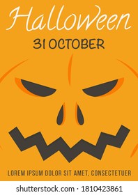 Colorful orange Halloween poster with place for text vector illustration. All saints day invitation with close up horror pumpkin. Announcement leaflet design of seasonal autumn holiday.