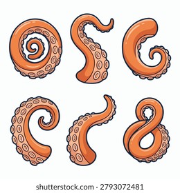 Colorful orange octopus tentacles set designed as a vector illustration featuring various curled shapes for marine themed graphic design projects