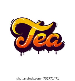 Colorful orange original Lettering Tea for poster. Lettering Tea for cup. Lettering for T-Shirt. For coffeeshop. Hand-lettering for cafe. Sticker. Brush colourful.