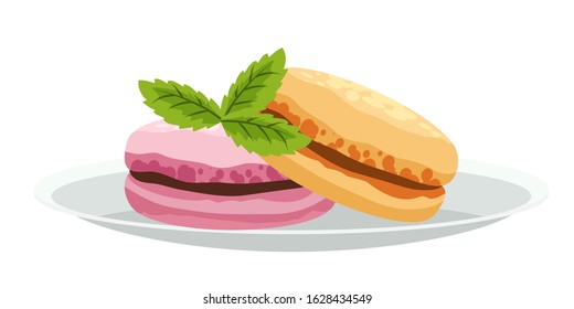 Colorful orange pink sweet macaroon mint leaves served on served saucer. Tasty dessert for tea break time. Assortment menu design. Good morning. Delicious breakfast. Vector cartoon flat illustration