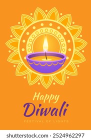 A colorful orange and purple bowl with a candle inside. The bowl is surrounded by a pattern of circles and the words "Happy Diwali" are written below it