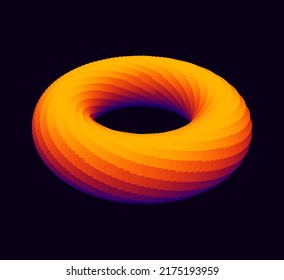 Colorful Orange Purple Torus on Dark Background. 3D Iridescent Torus Shape. Geometric Element for Graphic Design. Vector Illustration.