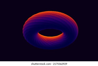 Colorful Orange Purple Torus on Dark Background. 3D Iridescent Torus Shape. Geometric Element for Graphic Design. Vector Illustration.