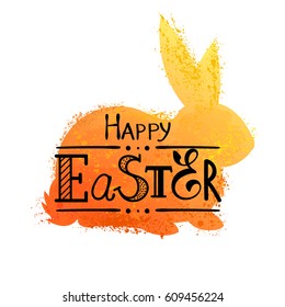 Colorful orange rabbit with splashes and Easter greeting hand-lettering, grunge  watercolor imitation. Vector.