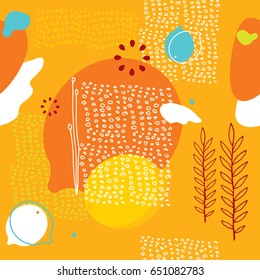 Colorful orange seamless background pattern with lemons and abstract elements