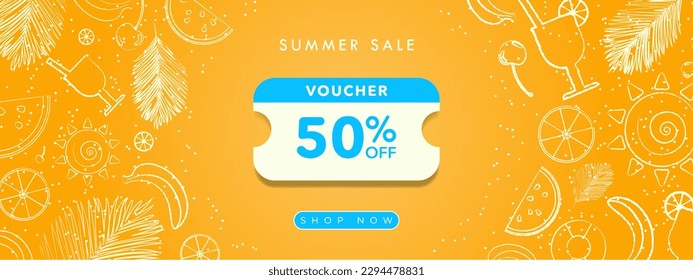 Colorful Orange Summer Sale Banner Coupon template with hand drawn autumn elements, fruits, banana, watermelon, cherry, lemon, cocktail, drink, palm leaf, sun. Shop now button. Vector. 