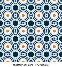 Colorful orange and white geometric circle on monochrome blue connected line retro seamless pattern vector illustration