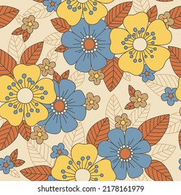 Colorful Orange, Yellow, Blue Large Scale Hand-Drawn Floral Vector Seamless Pattern. Retro 70s Style Nostalgic Fashion Textile Bold Background. Summer Resort Print. Daisies. Flower Power