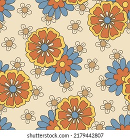 Colorful Orange, Yellow, Blue Large Scale Hand-Drawn Floral Vector Seamless Pattern. Retro 70s Style Nostalgic Fashion Textile Bold Background. Summer Resort Print. Daisies. Flower Power