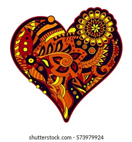 Colorful orange zentangle heart. Vector design element for wedding or Valentines day