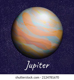 Colorful orange-blue planet Jupiter on dark blue space background. Vector realistic illustration of cosmic object from solar system, with caption