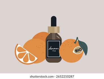 Laranjas coloridas e uma elegante garrafa de soro se juntam, mostrando a essência dos produtos de beleza cítricos, um lembrete alegre dos benefícios da natureza em cuidados com a pele