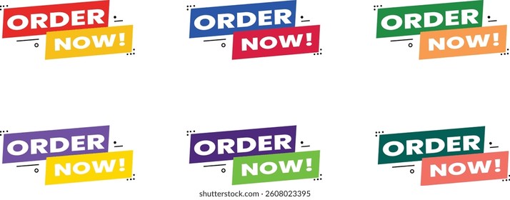 Colorful Order Now Call to Action Buttons in Bright Bold Colors Featuring Blue Red Yellow Green Purple and Orange. Perfect for Driving Engagement and Increasing Sales for E-Commerce Websites and Ads.
