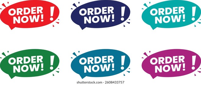 Colorful "Order Now!" Speech Bubble Icon Set – Bold Flat Design Elements in Red, Blue, Green, Teal, and Purple for Ecommerce Ads, Online Stores, and Call-to-Action Web Graphics

