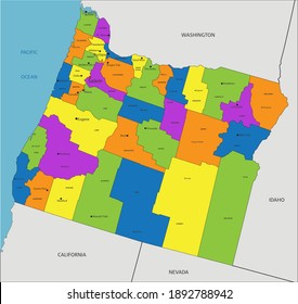 Colorful Oregon political map with clearly labeled, separated layers. Vector illustration.