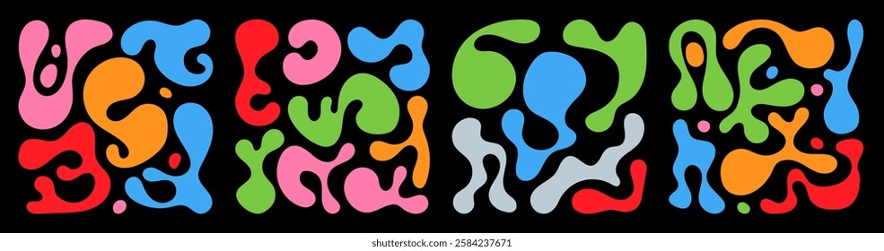 Colorful organic blobs and irregular shapes intertwine to form a cohesive abstract pattern. The vivid hues of pink, green, blue, and orange create an energetic visual display.