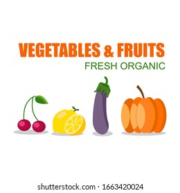 Colorful organic design concept with a collection of fresh vegetables and fruit. Vector illustration.