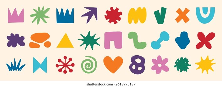 colorful organic doodle hand drawn colorful set. shapes and squiggles childish style. Abstract funny cute kids shapes elements. naive art. Vector illustration