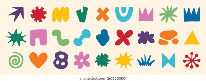 colorful organic doodle hand drawn colorful set. shapes and squiggles childish style. Abstract funny cute kids shapes elements. naive art. Vector illustration