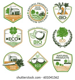 Colorful organic eco emblems collection with natural bio vegetables fruits plants and farming elements isolated vector illustration