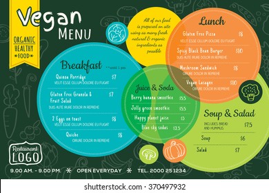 colorful organic food vegan restaurant menu board or placemat vector template