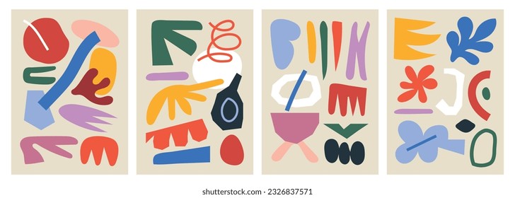 Colorful organic forms. Hand drawn simple shapes. Flat vector shapes collection inspired by Naive art and Matisse's cut-paper works. Abstract backgrounds for poster, card, packaging, banner or brand.