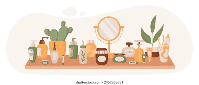 Colorful organic hair care product pack composition, cartoon moisturizing makeup lotion bottle with plants, flat antiaging bodycare cream jar and trendy fashion beauty shampoo tube at the shelf.