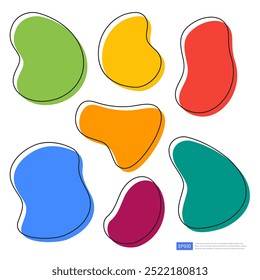 Colorful Organic irregular blob fluid liquid shape with line set. Hand drawn geometric forms in vibrant colors. Perfect for backgrounds, posters, and web graphics. Vector elements isolated on white.