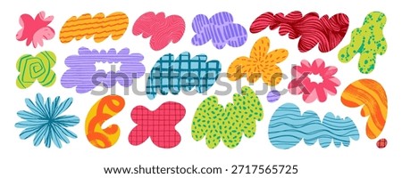 Colorful organic irregular forms and shapes with crayon drawn patterns, doodle and scribbles. Inky colorful blobs, y2k style collage stickers. Hand drawn wavy cloudy shapes with textures.