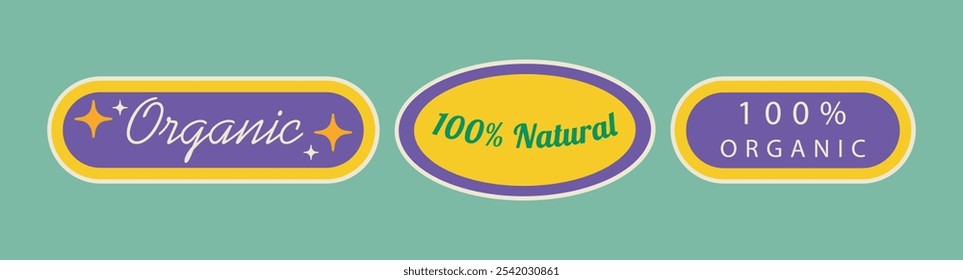 Colorful Organic Label Set Vector Illustration with 100 Percent Natural and Organic Text for Eco-Friendly Product Packaging Designs

