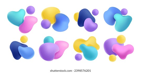 Colorful organic render shapes. Abstract organic elements with various reflections and effects. Minimal fantasy creative elements. Vector isolated collection. Vivid abstract splashes and spheres set