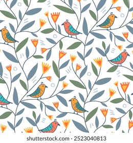 Colorful organic seamless pattern of birds sitting on wavy branches with leaves and flowers. Stylized vintage botanical background.