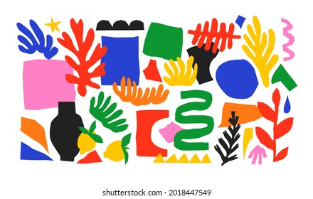 Colorful organic shape collage collection. Basic summer shapes, random childish doodle cutouts of tropical leaf and decorative abstract art on isolated background.