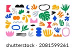 Colorful organic shape doodle collection. Funny basic shapes, random childish doodle cutouts of tropical leaf, hand and decorative abstract art on isolated background.