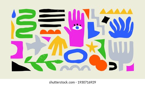 Colorful organic shape doodle collection. Funny basic shapes, random childish doodle cutouts of tropical leaf, hand and decorative abstract art on isolated background.