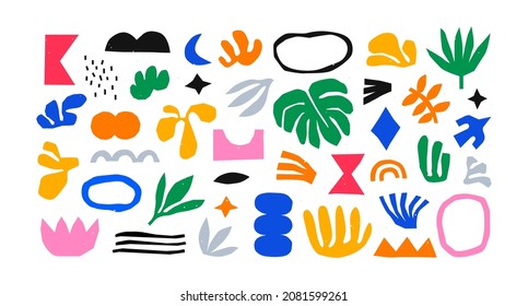 Colorful organic shape doodle collection. Funny basic shapes, random childish doodle cutouts of tropical leaf, hand and decorative abstract art on isolated background.