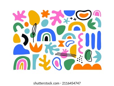 Colorful organic shape doodle collection. Funny basic shapes, random childish doodle set of leaf, rainbow and decorative abstract art on isolated background.