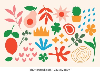 Colorful organic shape doodle collection. Funny basic shapes, random childish doodle cutouts of tropical leaf, hand and decorative abstract art on isolated background food.